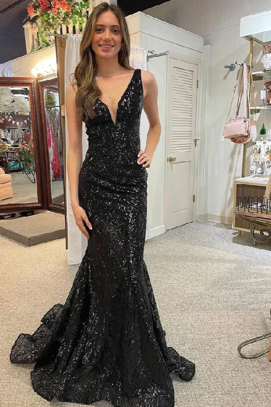 wrap-around dressBlack V Neck Sequins Backless Mermaid Long Prom Dress,DP1347