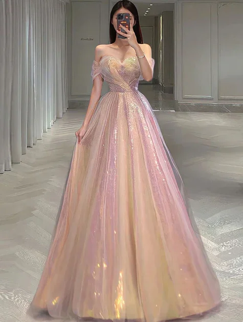 casual day dressSparkly Sweetheart A-Line Off Shoulder Long Prom Dress Formal Evening Dress,DP1409