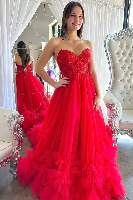 minimalistic dressRed Sweetheart Tulle Appliques Ruffles Long Prom Dress,DP1289