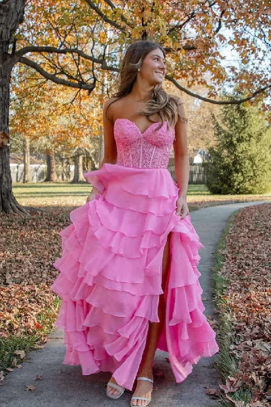 floral dressHot Pink A-Line Sweetheart Chiffon Tiered Long Prom Dresses with Appliques,DP1381