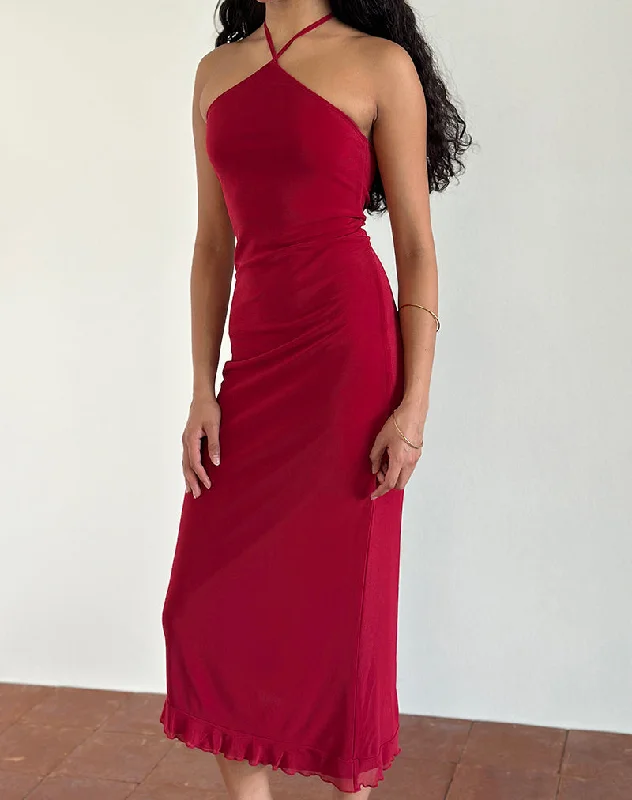 sleeveless dressRibka Halterneck Midi Dress in Mesh Cherry