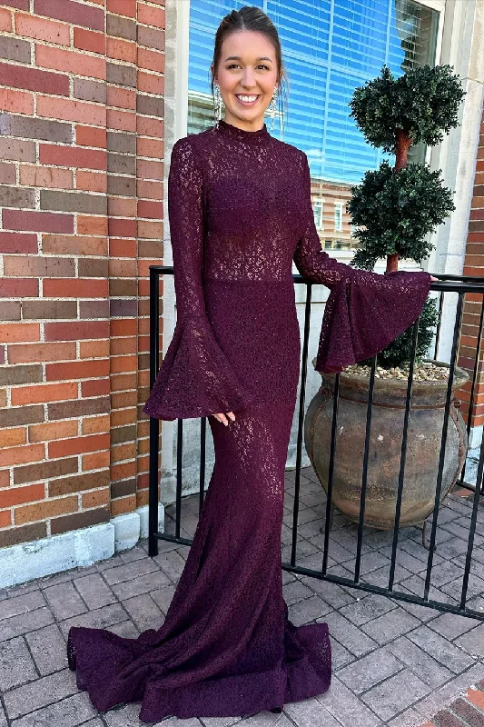 backless dressDark Purple Long Sleeves Backless Mermaid Formal Party Dress,DP1273