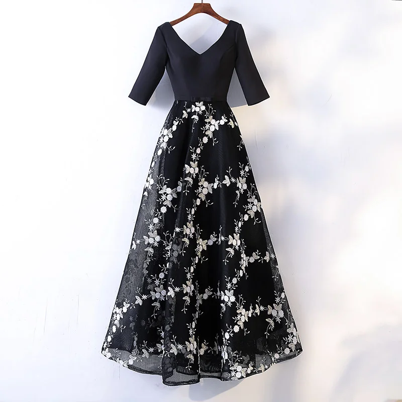 casual evening dressBlack Half Sleeves V-neck Embroidery A-line Formal Party Gown,DP1154