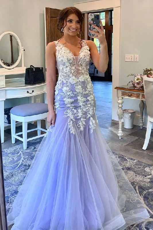 casual slip dressLilac Backless Tulle Appliques Mermaid Long Prom Dress,DP1296