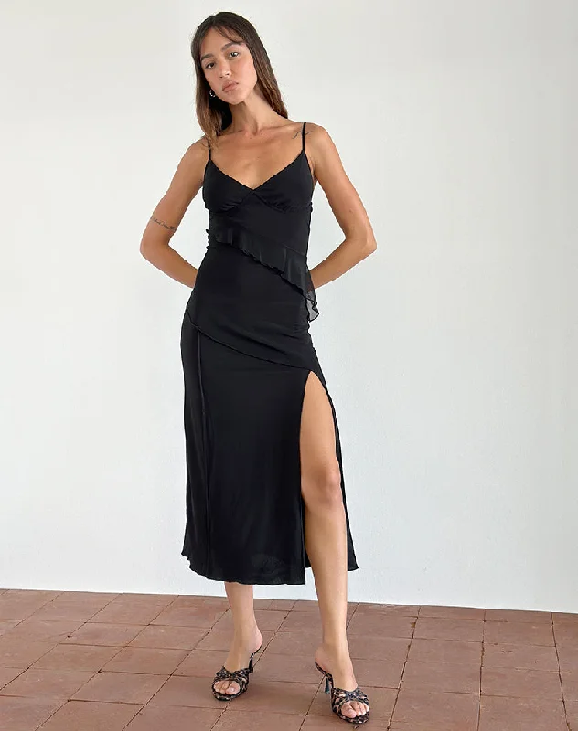 wrap-around dressJacy Ruffle Midi Dress in Mesh Black