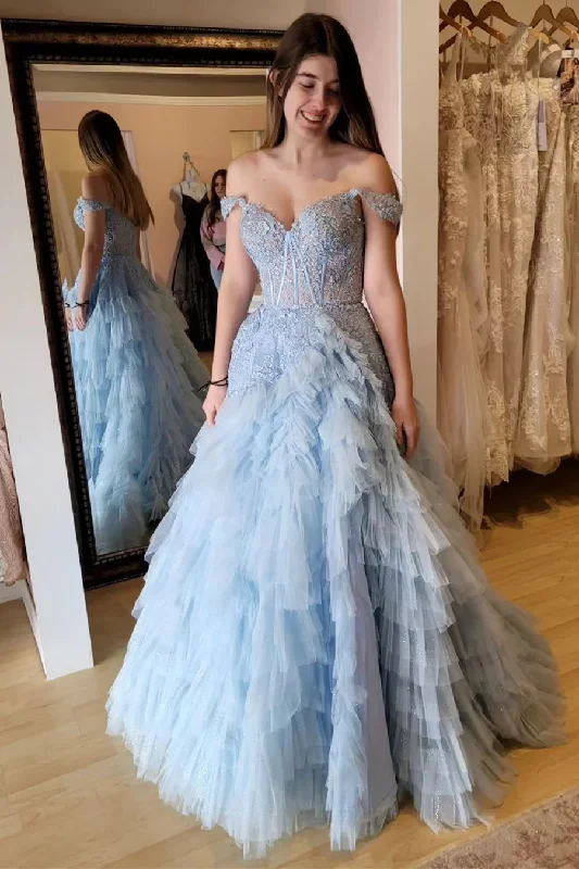 casual midi dressLight Blue Off Shoulder Tulle Tiered Appliques Long Prom Dress Ball Gown,DP1263