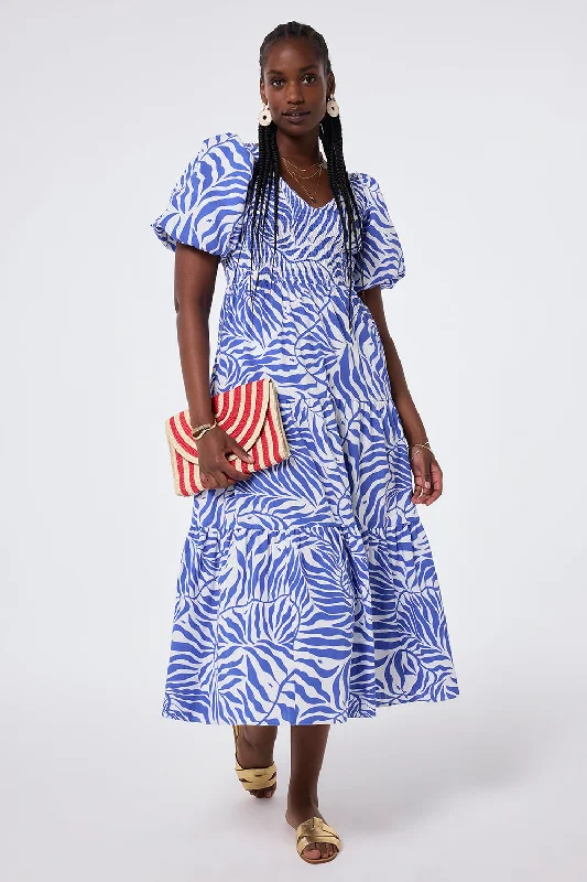 comfy maxi dressWhite with Blue Palm Shirred Puff Sleeve Maxi Dress