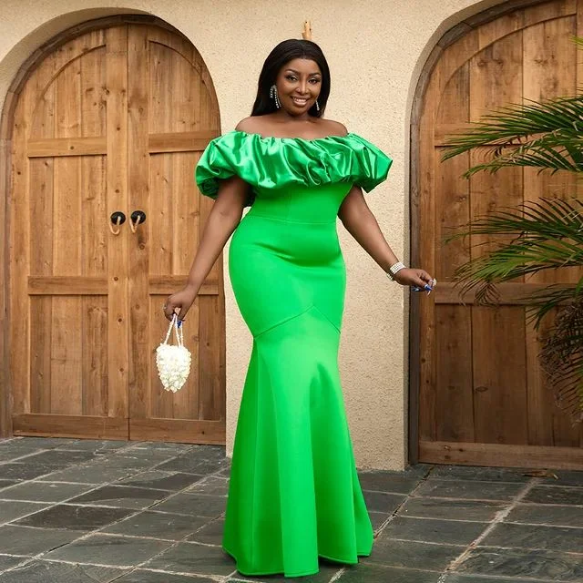 casual evening dressGreen Off-The-Shoulder Mermaid Black Girl Long Prom Dress Wedding Guest Dress,DP1368