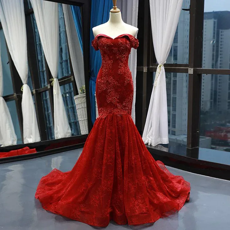 high-waisted dressRed Off Shoulder Embroidery Appliques Lace Mermaid Formal Evening Dress,DP1480