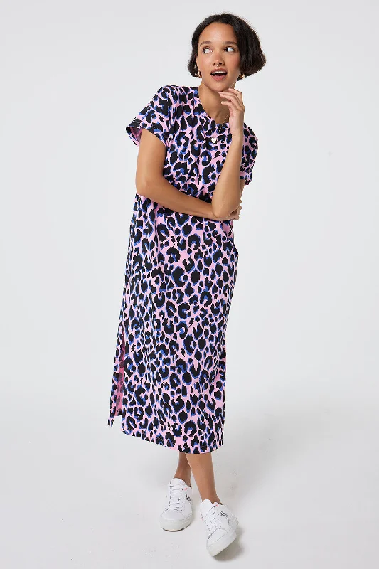 casual evening dressPink with Blue and Black Shadow Leopard Midi T-Shirt Dress