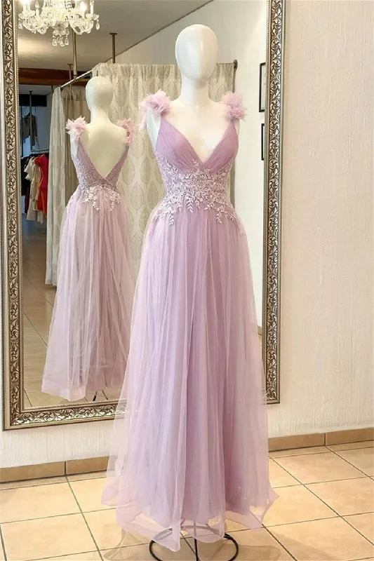 t-shirt dressPink Deep V Neck Flowers Pleated Appliques Long Prom Dress,DP1170