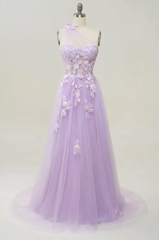 pleated maxi dressLilac Elegant A-Line One Shoulder Long Prom Dress With Appliques,DP1147