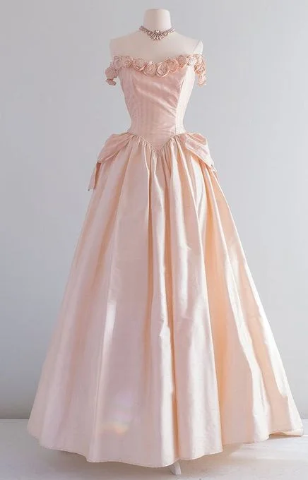 satin midi dressPink Vintage A-Line Off Shoulder Long Prom Dress,DP1622