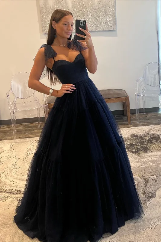 cocktail dressDark Navy Bow Tie Shoulder Tulle A-line Long Prom Dress,DP1175