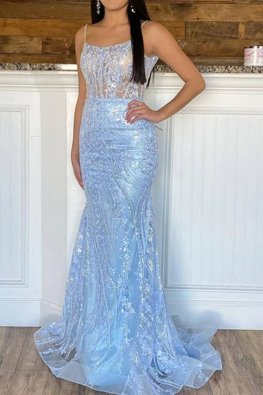 chic shift dressLight Blue Straps Tulle Sequins Mermaid Long Prom Dress,DP1360