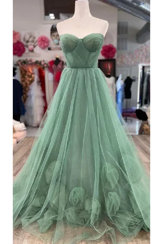 boho-chic dressGreen A-Line Sweetheart Tulle Flower Long Prom Dress Evening Gown,DP1425