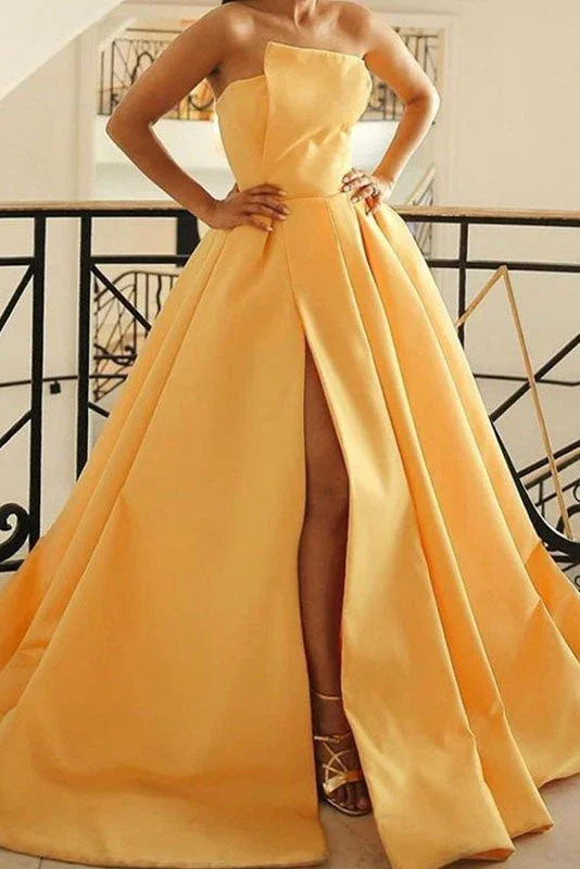 winter dressYellow A-Line Satin Strapless Long Prom Dress With Slit,DP1415