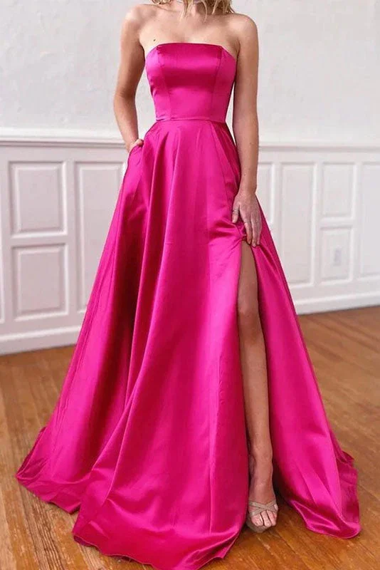 velvet dressHot Pink Princess A-Line Satin Strapless Long Prom Dress with Pockets,DP1414