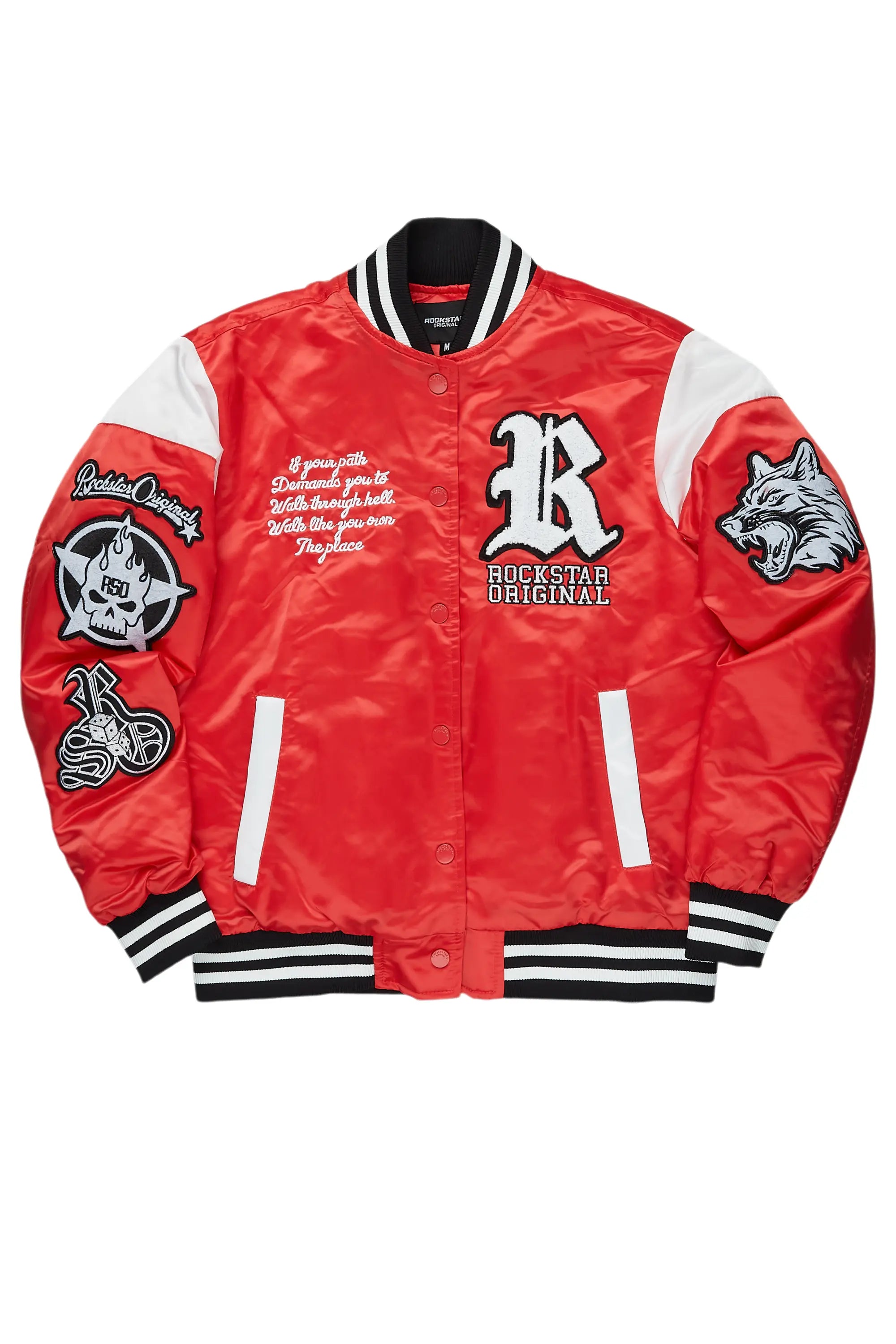 zip-up jacketSosa Red Satin Varsity Jacket