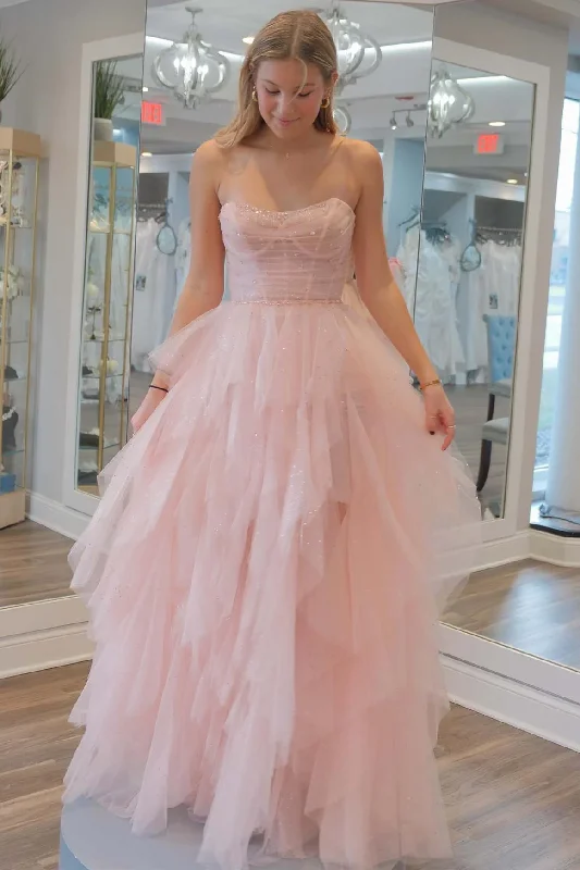 evening dressLight Pink A-Line Strapless Sequin Beaded Ruffle Tulle Long Prom Dress,DP1551