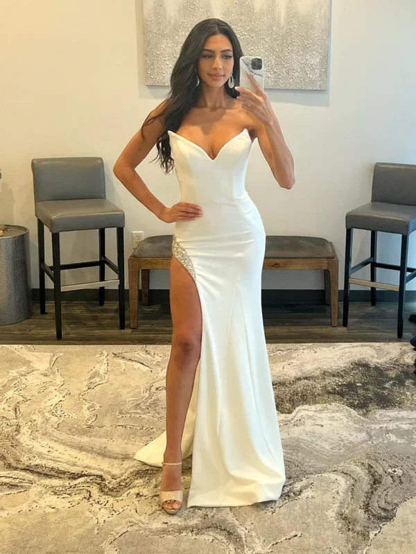 off-the-shoulder dressWhite Strapless V Neck Long Prom Dress With High Slit,DP1608