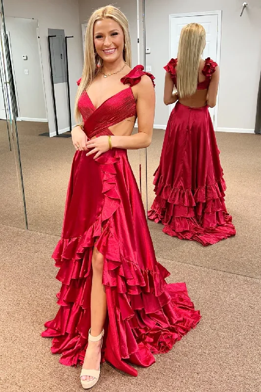 floral midi dressRed Cutout A-Line Backless Ruffles Long Prom Dress with Slit,DP1293