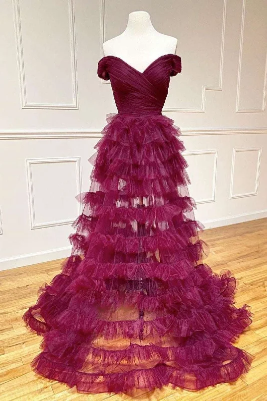 trendy wrap dressDark Berry A-Line Off Shoulder Pleated Sheer Tulle Tiered Long Prom Dress,DP1556