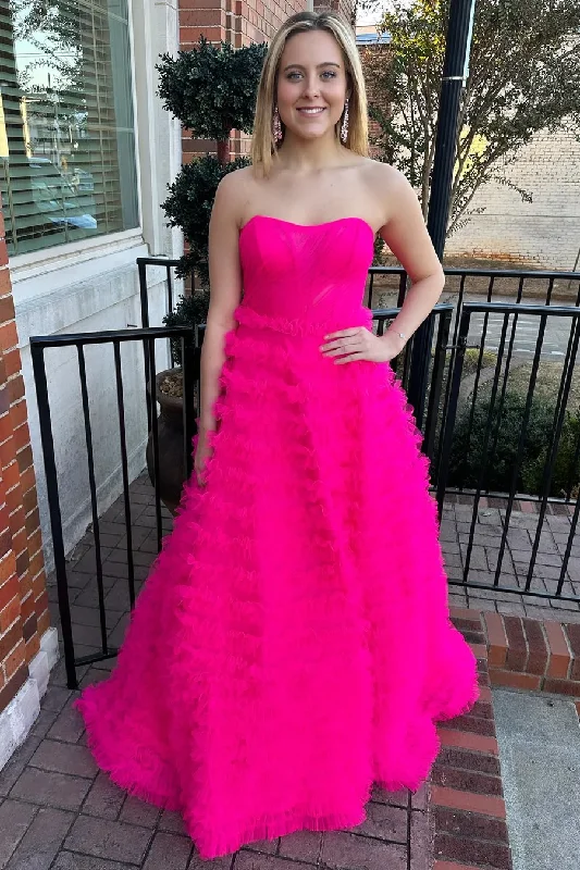 one-shoulder dressHot Pink Strapless Tulle Tiered A-Line Long Prom Dress,DP1291