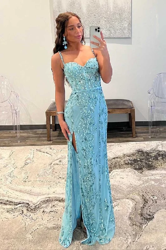 flowy maxi dressBlue Spaghetti Straps Sequined Mermaid Long Prom Dress with Slit,DP1478