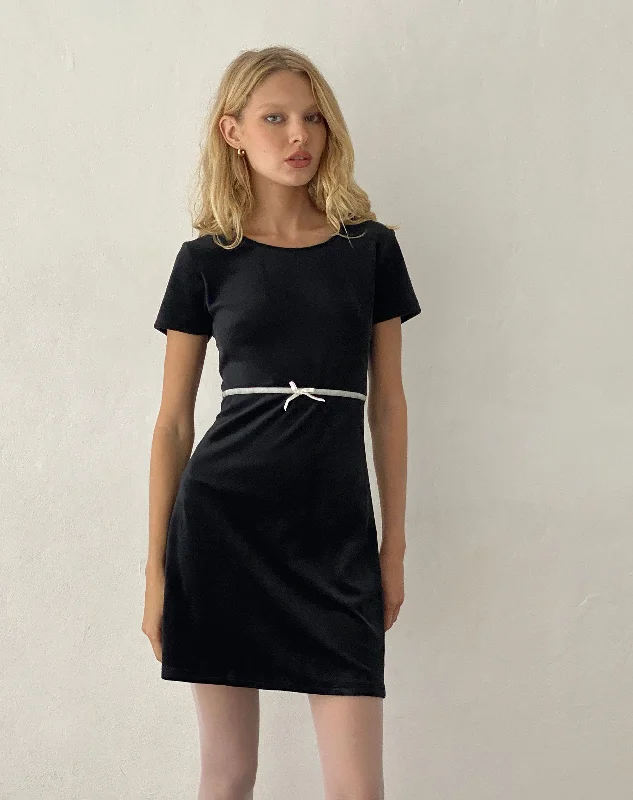 relaxed fit dressAmanda Mini Dress in Black Velvet with White Trim and Bow