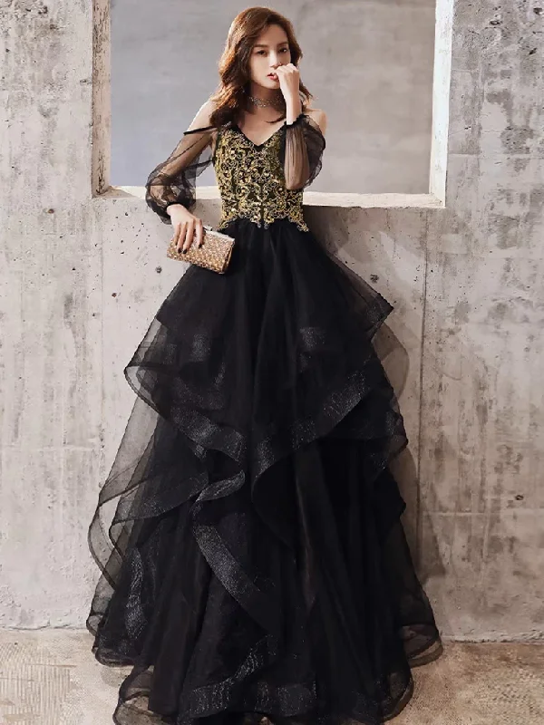 party dressBlack Long Sleeves Tulle Long Prom Dress with Gold Appliques,DP1090