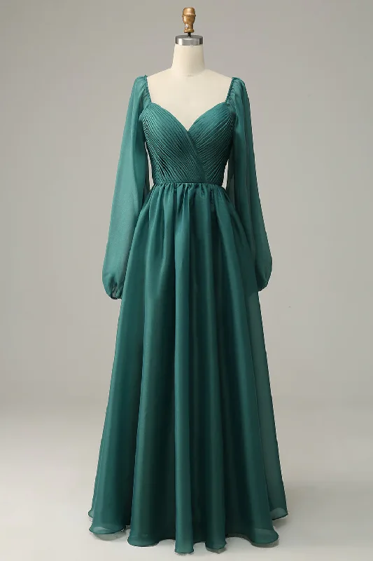 ruched dressGreen A-Line Long Sleeves Formal Prom Dress,DP1104