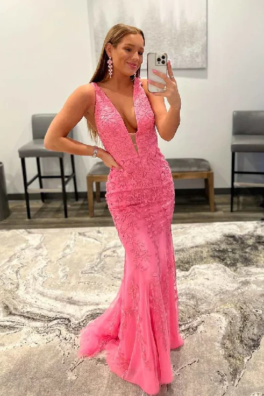 wool dressPink Appliques Plunge Neck Open Back Mermaid Long Prom Dress,DP1312