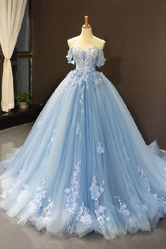 fitted cocktail dressBlue A-Line Tulle Appliques Off-The-Shoulder Long Prom Dress Evening Gown,DP1443