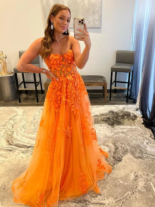 trendy bodycon dressOrange Strapless A-Line Tulle Appliques Long Prom Dress,DP1084