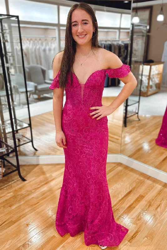 casual summer dressFuchsia Off-The-Shoulder Mermaid Lace Long Prom Dress,DP1547