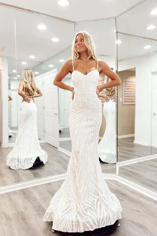 cocktail dressWhite Spaghetti Straps Sequined Mermaid Long Prom Dress,DP1589