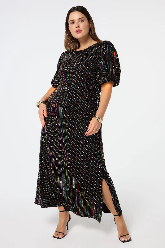 party-ready dressBlack with Rainbow Lurex Stripe Puff Sleeve Midi Dress