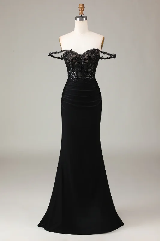 lace dressBlack Off Shoulder Mermaid Beading Prom Party Dress,DP1068