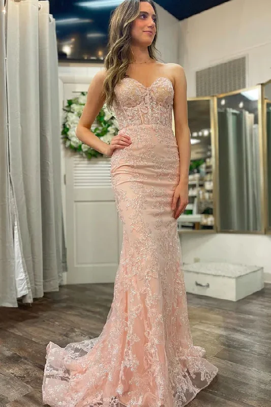 romantic dressPink Sweetheart Strapless Sequined Lace Mermaid Long Prom Dress,DP1611