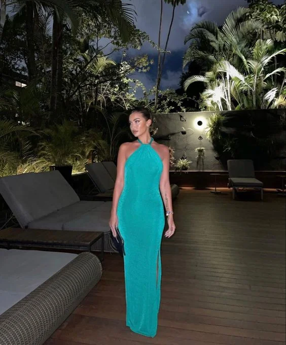 party dressSimple Green Halter Long Evening Dress with Slit,DP1204