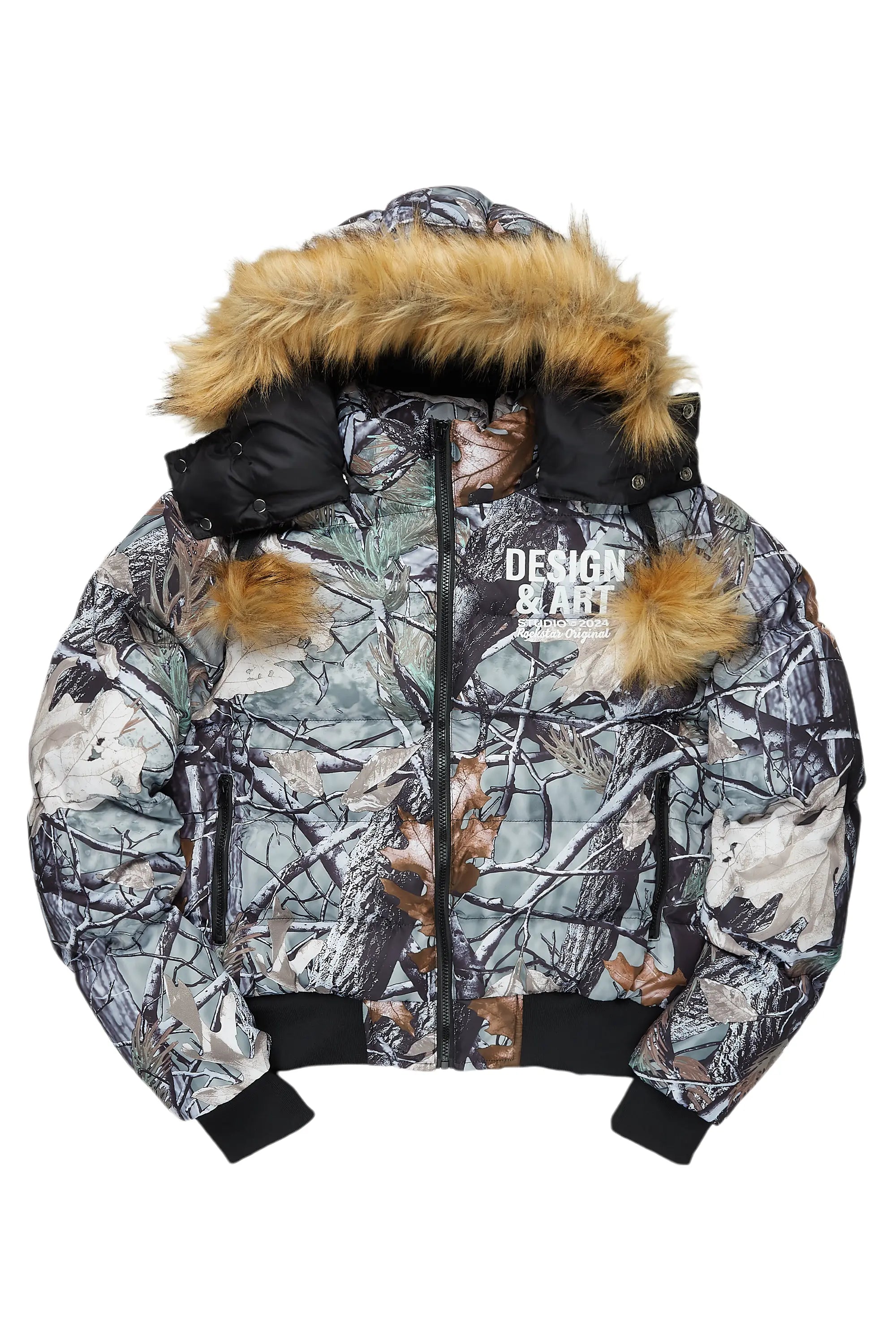 insulated coatBenita Grey Tree Camo Puffer Jacket