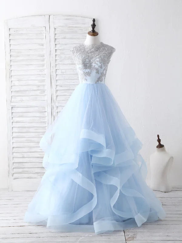 puff sleeve dressLight Blue A-Line Sleeveless Tulle Appliques Long Prom Dress Formal Party Dress,DP1437