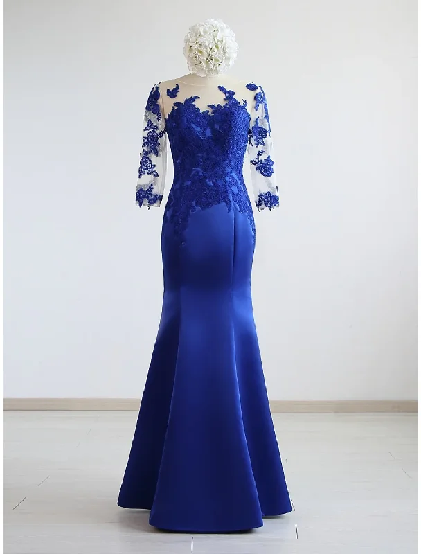 satin midi dressRoyal Blue Appliques Half Sleeves Mermaid Formal Party Dress,DP1459