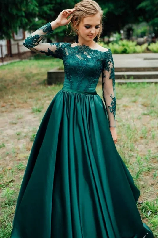 t-shirt dressGreen Off-The-Shoulder Satin Lace Long Sleeves Evening Dress,DP1105