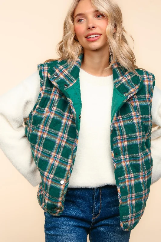 trendy puffer coatHIGH NECK SNAP BUTTON DOWN PLAID PUFFER VEST