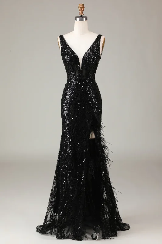 silk dressBlack Deep V-neck Sequin Lace Mermaid Long Prom Dress with Feathers,DP1533