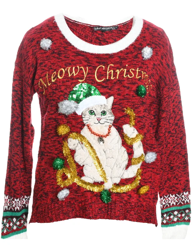 fashionable outerwearCat Printed Christmas Jumper - M