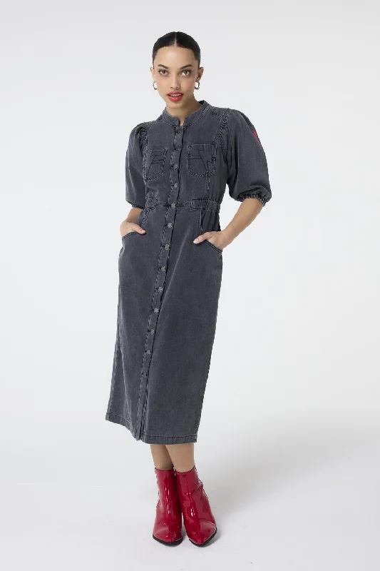 flowy maxi dressWashed Black Elastic Waist Denim Dress