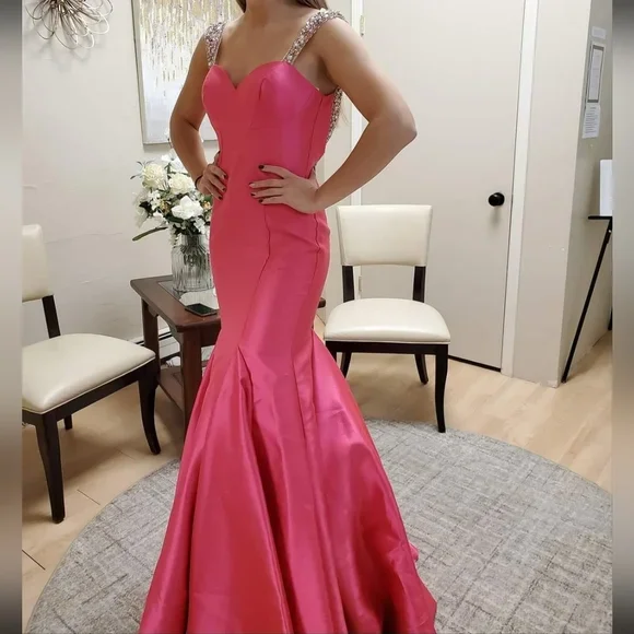 spaghetti strap dressSweet Hot Pink Backless Beading Mermaid Long Prom Dress,DP1188